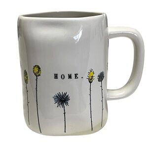 Rae Dunn White Mug Whimsical‎ Yellow Black Floral Design "HOME" Minimalist